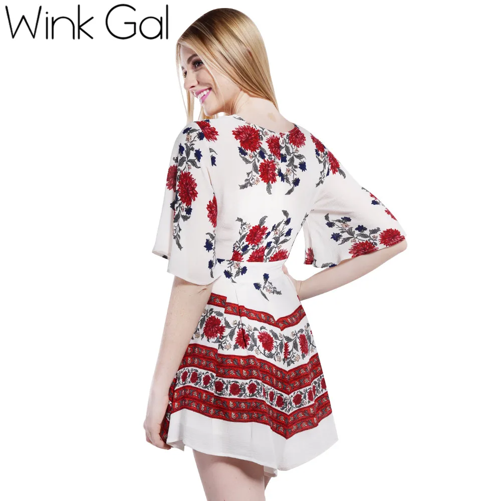Wink Gal Женщины Rompers Комбинезон Sexy Цветочный печати летней легкий костюм с шортами кимоно шорты Beachwear 3110