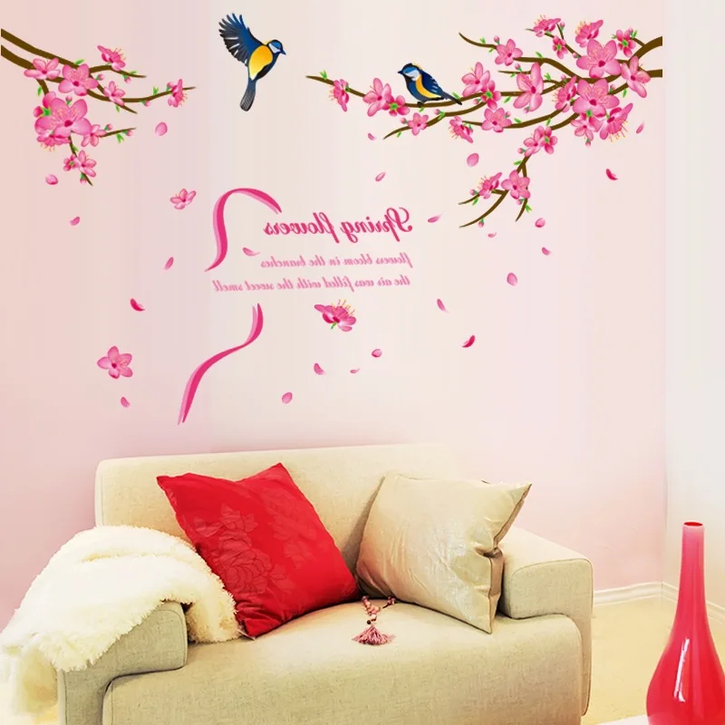 Creative garden wind wallpaper branches peach flower bird pattern wall
