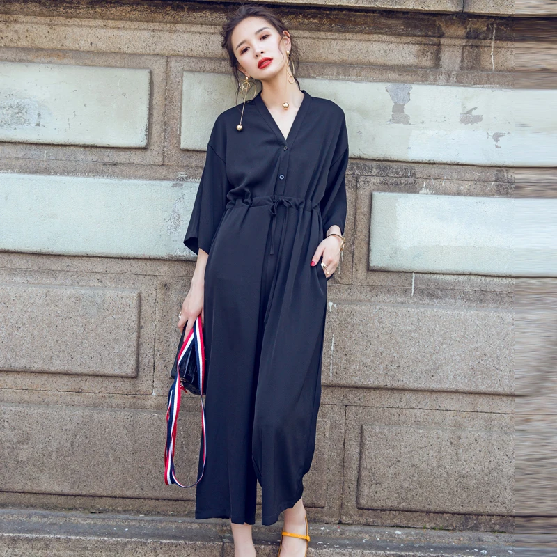 

[EWQ] New Pattern 2019 Spring Summer V-collar Solid Patchwork Adjustable Wasit Ankle Length Pants Jumpsuits Fashion Tide AE003