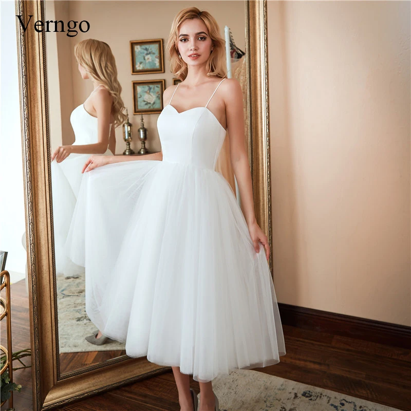 

Short Beach Lace up Wedding Dresses 2019 Spaghetti Straps Vestido Noiva Praia Simple White Prom Party Mid-Calf Bridal Gowns