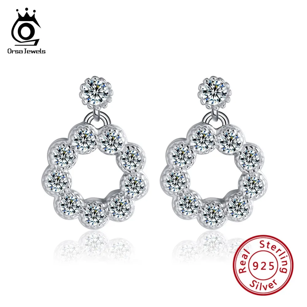 

ORSA JEWELS Genuine 925 Sterling Silver Girl Stud Earrings Circle Hollowed AAA Dazzling Women Brinco Silver Party Jewelry SE111