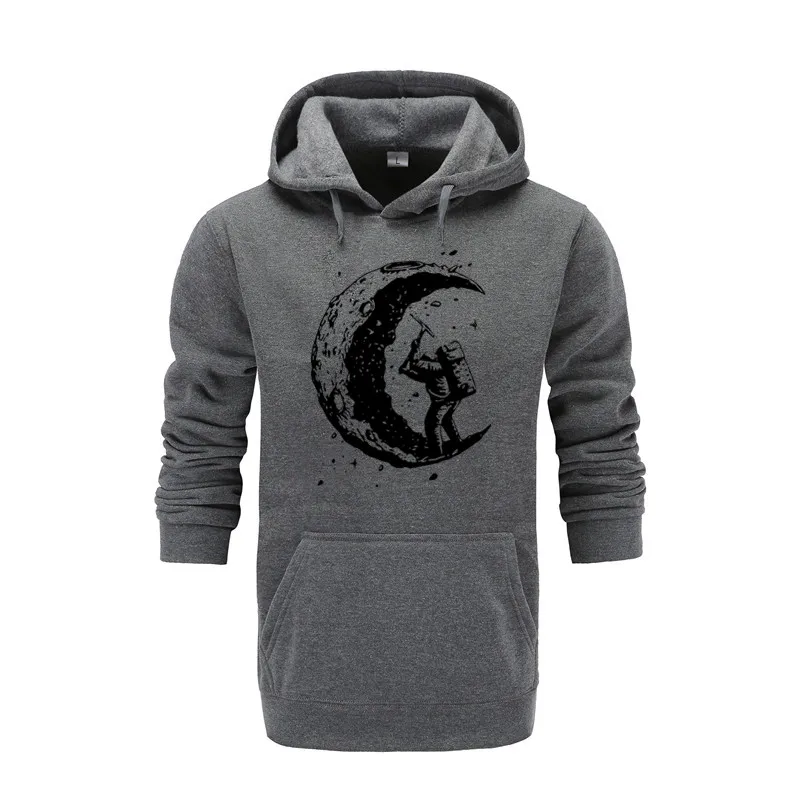 

2018 New top quality cotton blend casual digging the moon printed men hoodies autumn black streetwear hooded sweatshirts