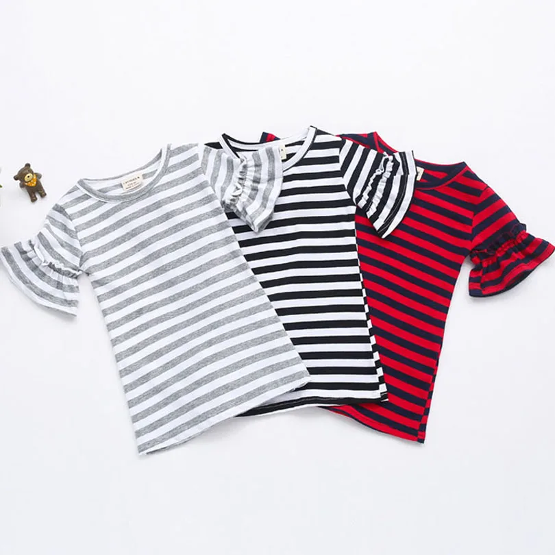 

1-5 Years Baby Girls Dress 2019 New Blue Stripe Summer Cotton Casual Tops Kids Clothing T Shirt T-shirt Ruffled Sleeve children