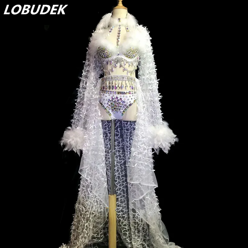

White Feathers Colorful Rhinestones Bikini Long See-through Trailing Women Singer Dancer Nightclub Concert Performance Costume