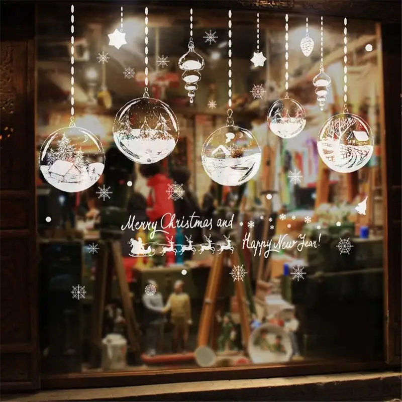 

PVC Christmas Crystal Ball Hanging Ball Pattern Wall Sticker Shop Window Living Room Bedroom Decoration 2019 Happy New Year