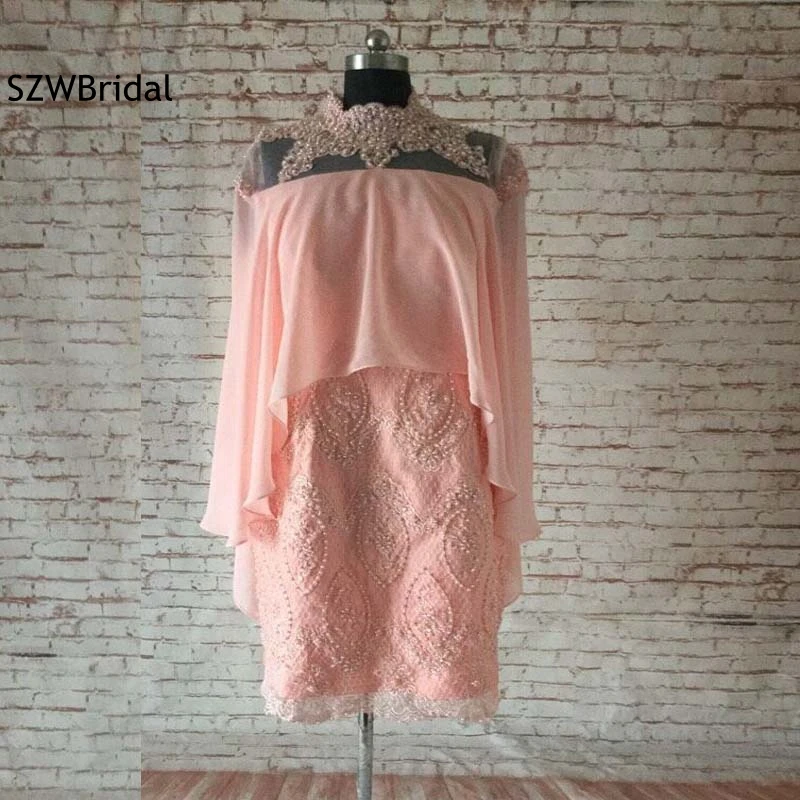 

Elegant High Neck Lace Beaded Short mother of the bride dresses 2019 Abiye Plus size kaftan Evening dress Vestidos de festa