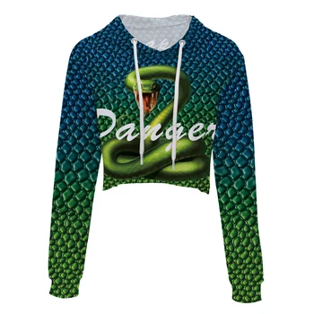 

2018 New 3D Green Snakescale Print Women Bare Midriff Hoodies Long Sleeve S To 3xL Plus Size Summer Womens Crop Tops