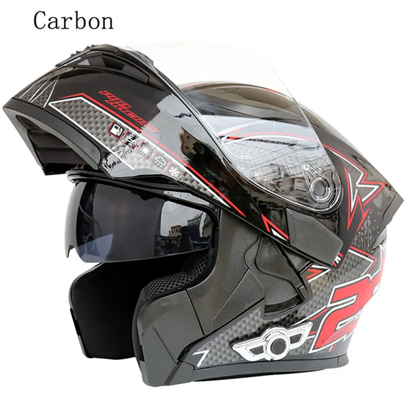 Мотоциклетный двойной козырек Полный лицевой модульный откидной Bluetooth шлем для мотокросса, уличного велосипеда, гоночной дороги, точка безопасности - Цвет: carbon