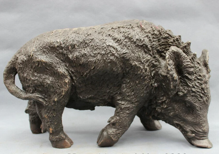 

USPS to USA S1554 14" Folk Chinese Bronze Home FengShui Rage Boar Wild Pig Statue Animal Sculpture B0401