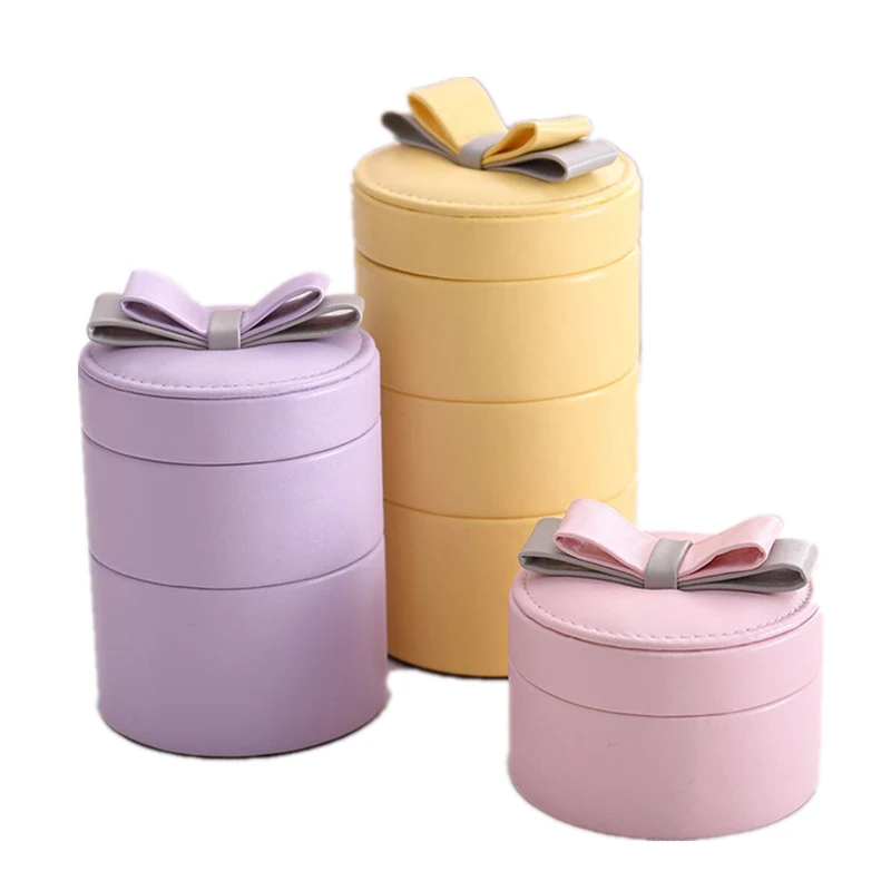 

Multifunctional Leather 3 layers Jewelry Display Box Cylinder Shape Organizer Round Portable Travel Storage Case Creative