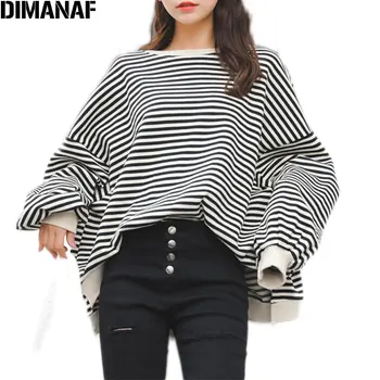 

DIMANAF Plus Size Hoodies Sweatshirts Women Autumn Batwing Long Sleeve Lady Tops O-Neck Cotton Striped Loose Fashion Shirts 2020