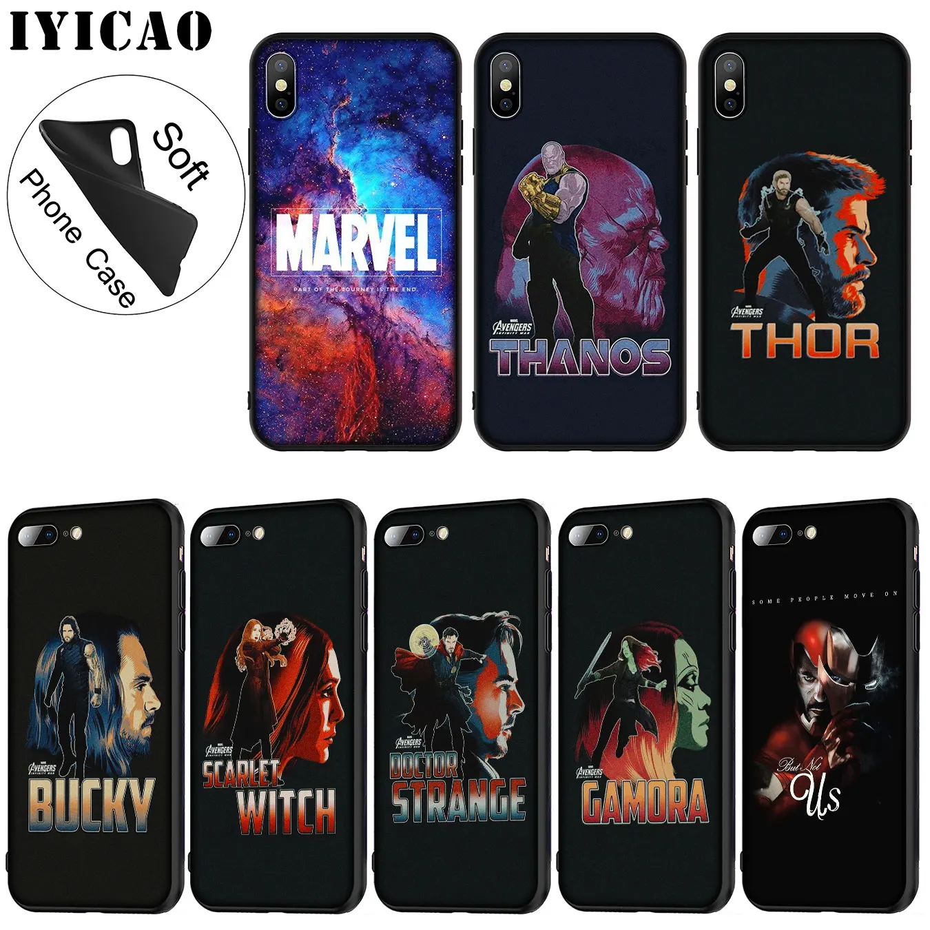 

IYICAO Marvel's The Avengers Soft Silicone Phone Case for iPhone XR X XS Max 6 6S 7 8 Plus 5 5S SE TPU Black Cover