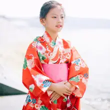 Японское традиционное детское кимоно; красное элегантное платье для сцены для девочек; костюм для косплея; Классический халат с цветочным принтом; платье
