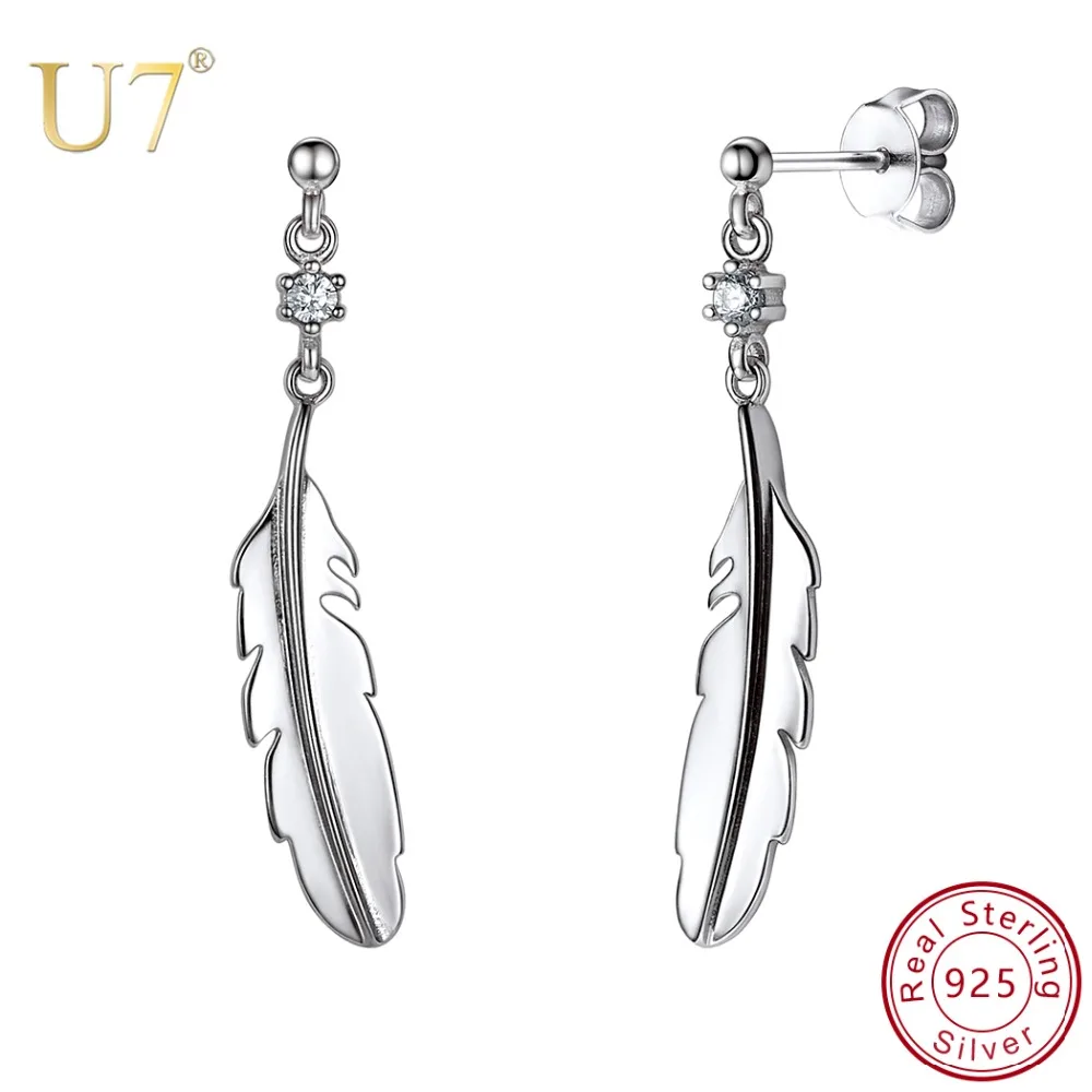 

U7 925 Sterling Silver Vintage Feather Drop Earrings for Women Cubic Zirconia Dainty Elegant Daily Jewelry Dangle Earring