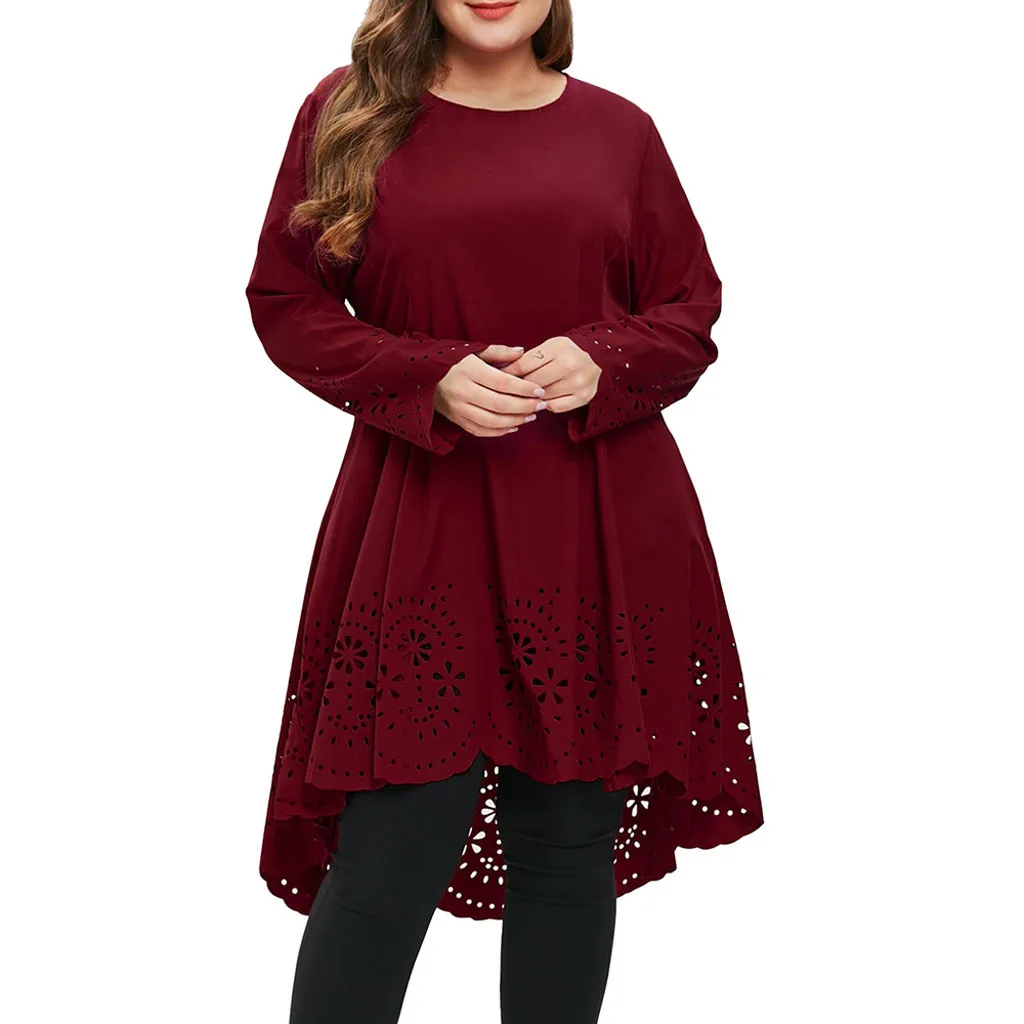 

Women Fashion O-Neck Long Sleeve Plus Size Dress Solid Laser Cut High Hollow Out Ladies Casual Loose Dress Large Size Dress 2019