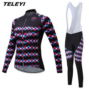 

2019 Cycling Jersey MTB Bike jersey Bib Pant Set Women Cycling clothing Suit Ropa Ciclismo trouser Riding Long Sleeve Blue pink