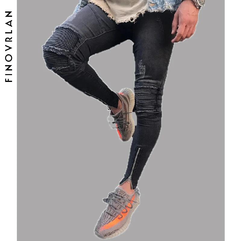 Brand Slim Fit Ripped Jeans Men black Hi-Street Mens Distressed Denim Joggers Knee Holes Washed Destroyed Ankle zipper Jeans