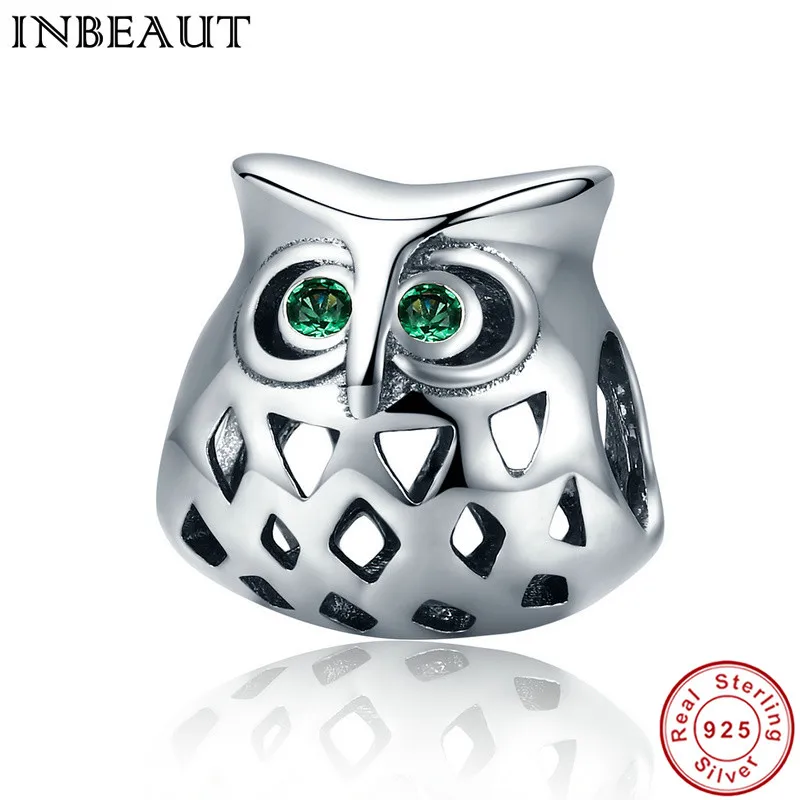 

INBEAUT 100% Authentic 925 Sterling Silver Green Cubic Zircon Eye Owl Beads fit Pandora Charm Bracelet Fashion Jewelry Making