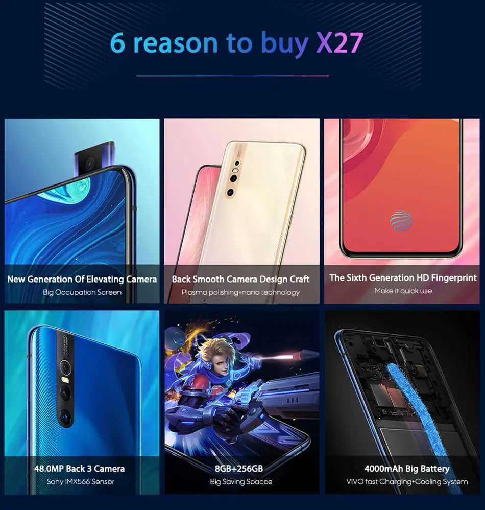 Vivo X27 мобильный телефон 6,3" 8 ГБ ОЗУ 128 ГБ/256 Гб ПЗУ Snapdragon 675/710 Android 9 4000 МП три кадра мАч смартфон