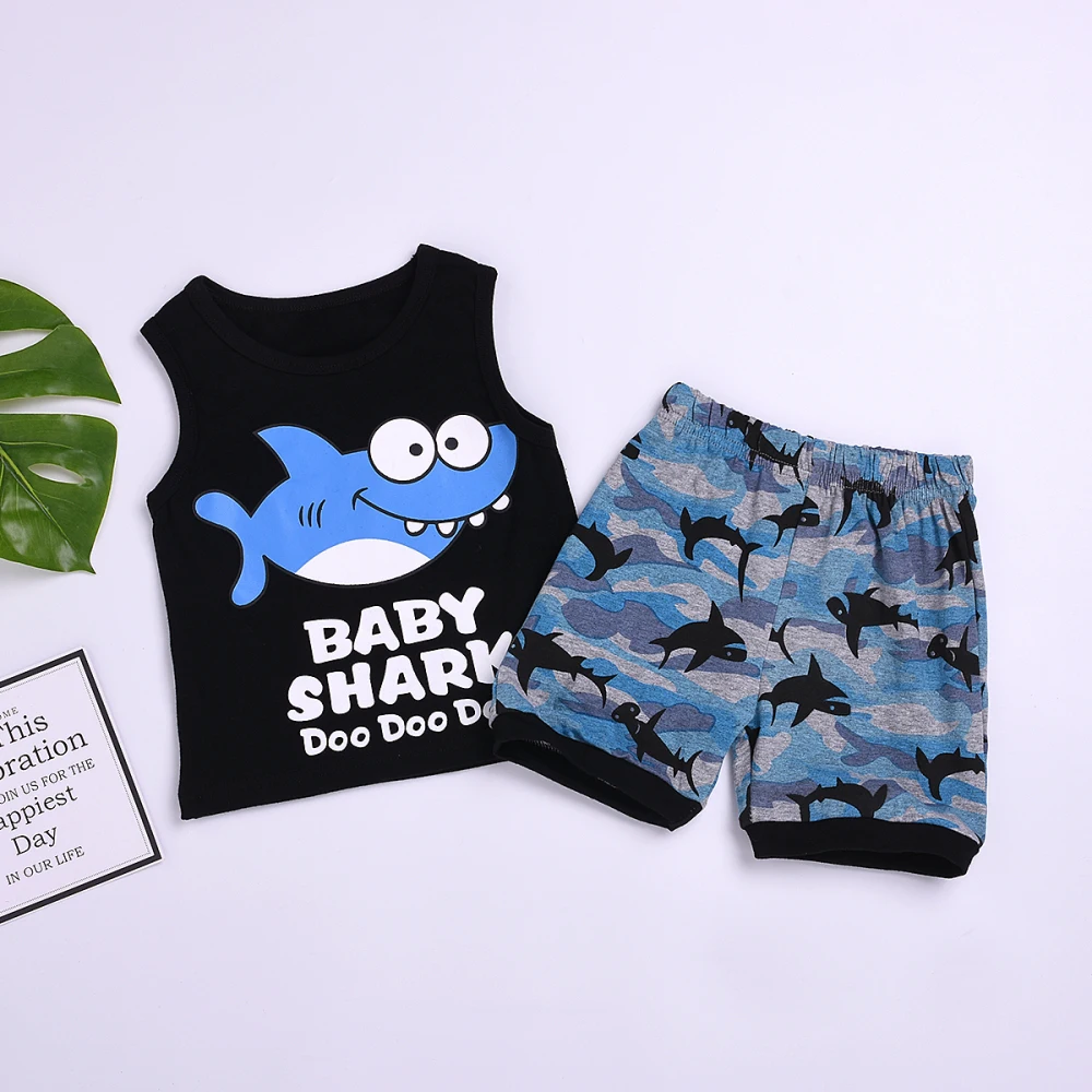 От 1 до 5 лет, летняя одежда для маленьких мальчиков жилет без рукавов с принтом акулы топы, шорты штаны, комплект одежды из 2 предметов для мальчиков