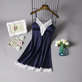 

Satin Sleepwear Women Ladies Nightwear Nightdress Sexy Lingerie with Chest Pads Nightgown Pijamas Nightdress Lace Sleepwear 2019