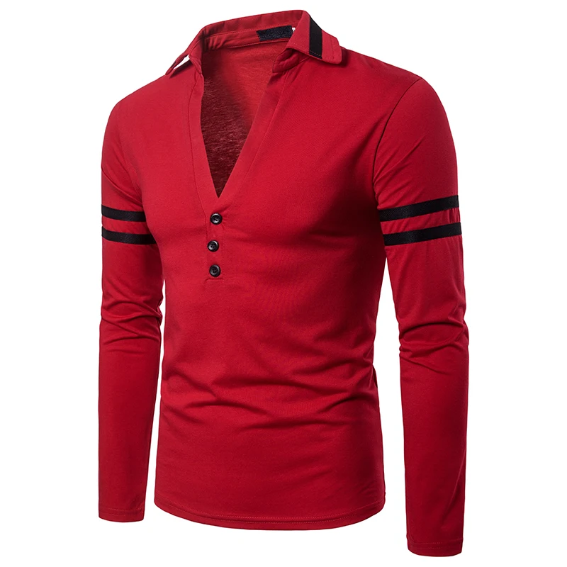 Solid V-Neck Men's Long Sleeve Polo Shirt Autumn Casual Sporting Shirt Tops Fashion Men Clothing Slim Fit Polos EU Size