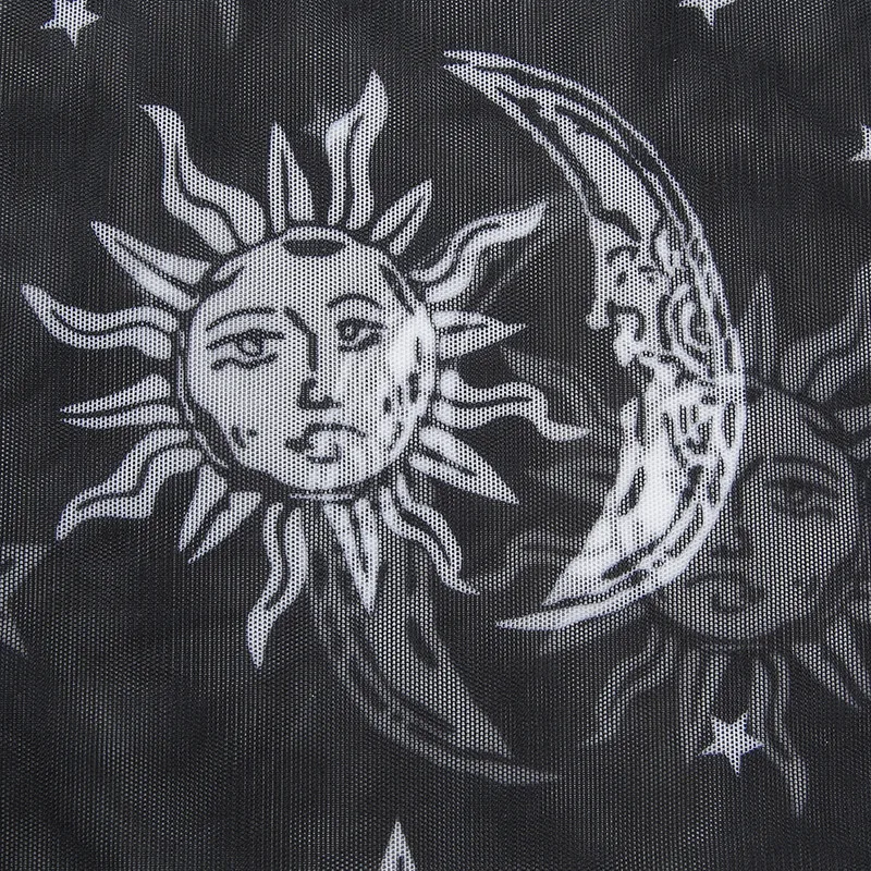 Женские сексуальные модные, прозрачные сетчатые укороченный Топ с длинным рукавом эластичный с Солнце Луна звезды, комплект из футболки с принтом Клубная одежда