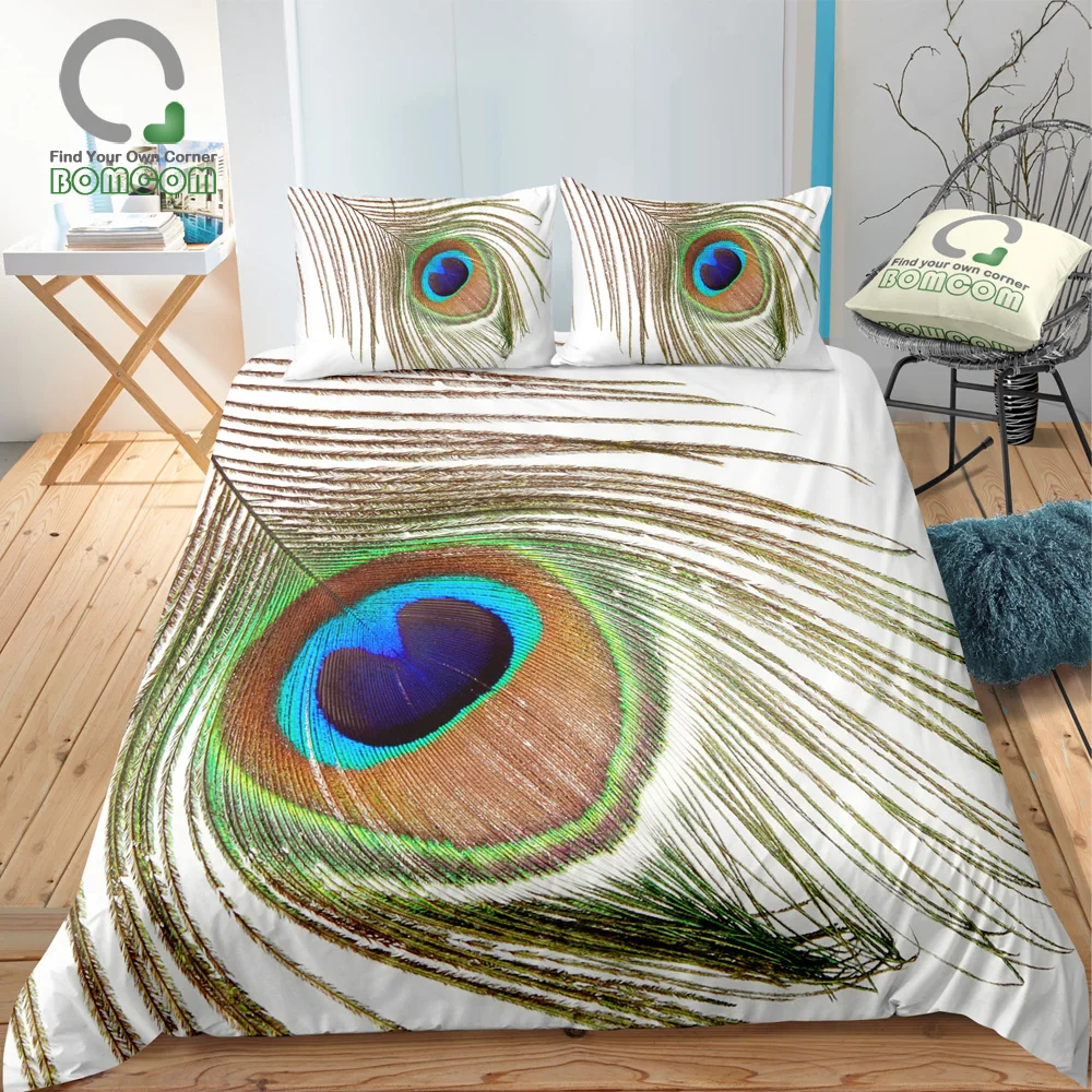 

BOMCOM 3D Digital Printing Colorful Peacock Feather Pattern Bedding Set Animal Print Duvet Cover Set 100% Microfiber