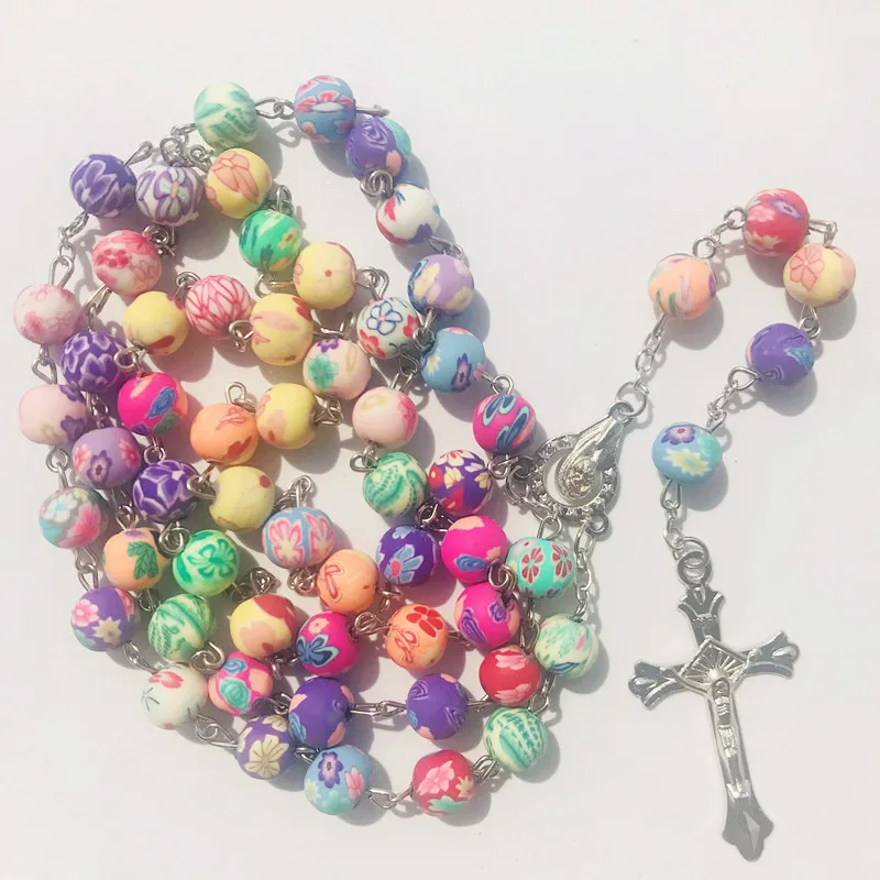 

8mm Colorful Polymer Clay Bead Rosary Pendant Necklace Alloy Cross Virgin Mary Centrepieces Christian Catholic Religious Jewelry