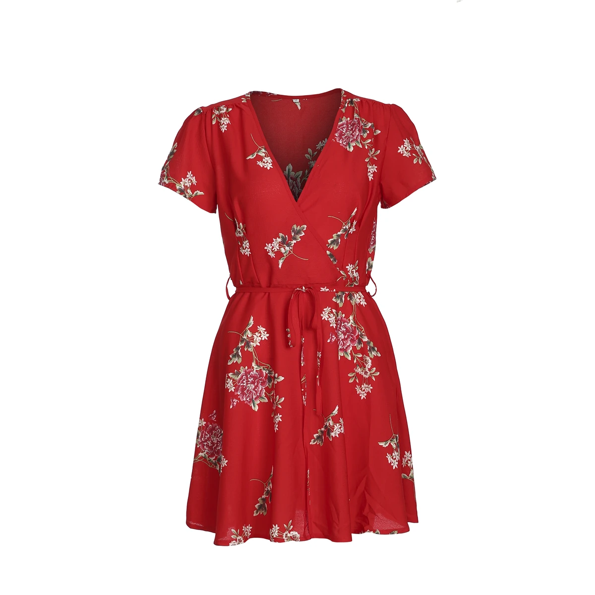Женское модное Цветочное платье с v-образным вырезом и рюшами с поясом с коротким рукавом, летнее пляжное мини-платье для отдыха, размер 6-14