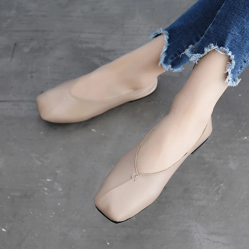 

One Foot Pedal Single Shoe with Solessquare Head Small Leather Big Size Grandmother Shoes Bare Light-mouthed Women's Shoes