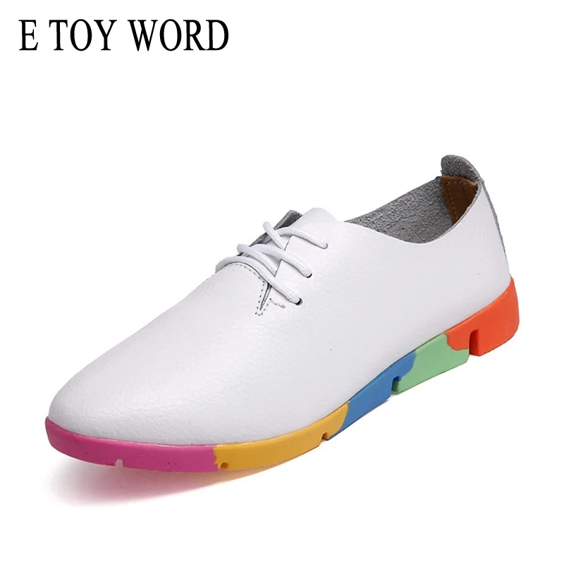 

E TOY WORD Women oxford shoes ballerina Flats genuine leather pointed toe Lace up moccasins Ladies casual shoes White black