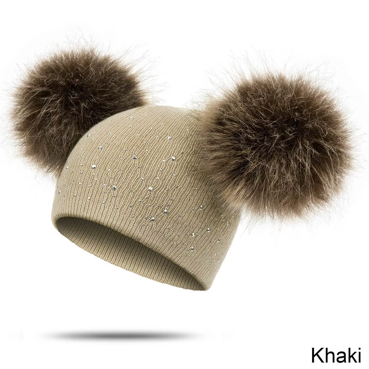 New Winter Hat Girls 2 Pompoms Boys Skullies Beanies with Bright Diamond Knit Warm Hat Boy And Girl Outdoor Cap - Цвет: khaki