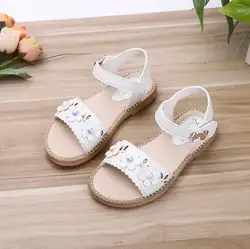 Летние девушки обувь для принцессы сандалии мода цветок плоские с ремешком на лодыжке пляжные шлепанцы для девочек обувь для детей