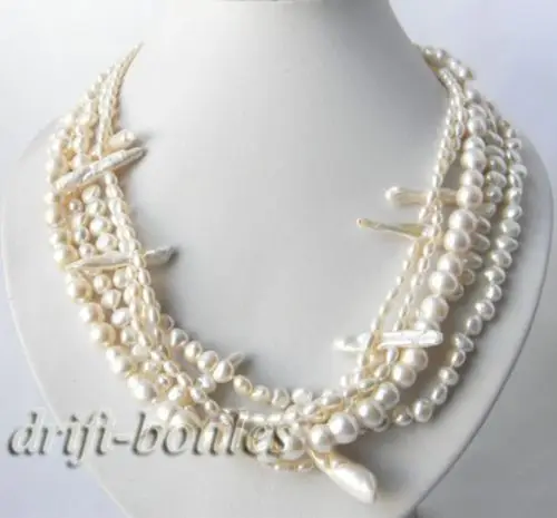 

21'' 5Strands White Rice Biwa Baroque Freshwater Pearl Necklace