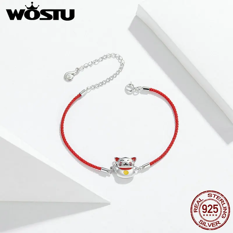 WOSTU настоящий 925 пробы серебряный браслет Maneki Neko Новое поступление красный браслет для женщин ювелирный подарок DAB012