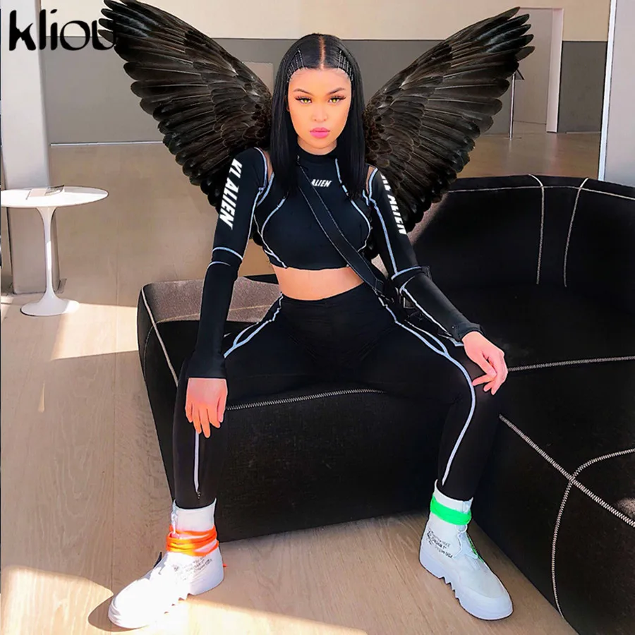 Kliou 2018 المرأة الياقة المدورة كم كامل بلوزات إلكتروني طباعة حزام خليط أسود قصير المحاصيل قمم الإناث البلوفرات هوديس