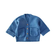 Новая детская одежда; свитера для маленьких мальчиков; кардиган с карманами для маленьких детей; однотонные вязаные свитера для маленьких девочек; кардиган; верхняя одежда