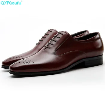 

QYFCIOUFU Genuine Cow Leather Business Carving Italian Men Shoe Designer Dress Shoes Black Red Wine Lace-up Men Suit Shoe Oxford