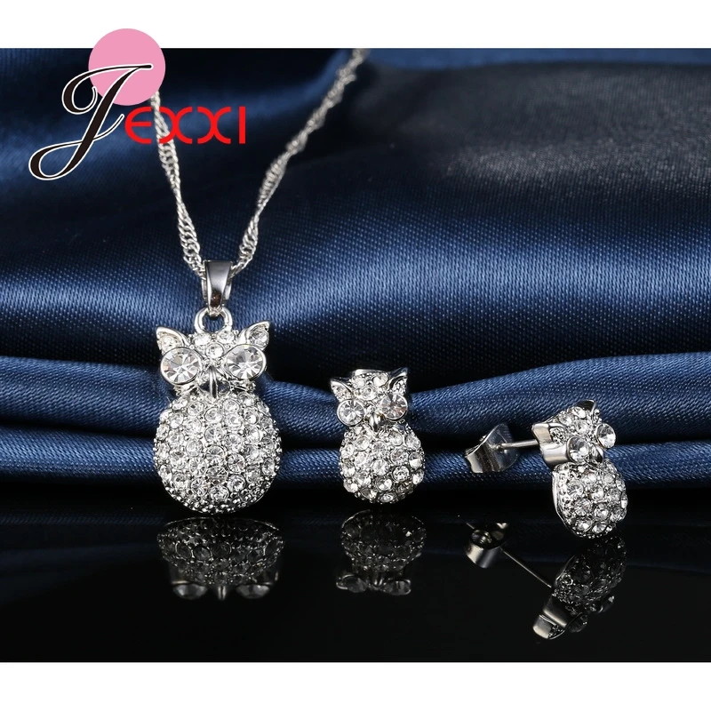 New-925-Sterling-Silver-Full-Cubic-Zirconia-Owl-Pendant-Necklace-Stud-Ear-Earrings-Brincos-Wedding-Jewelry (1)