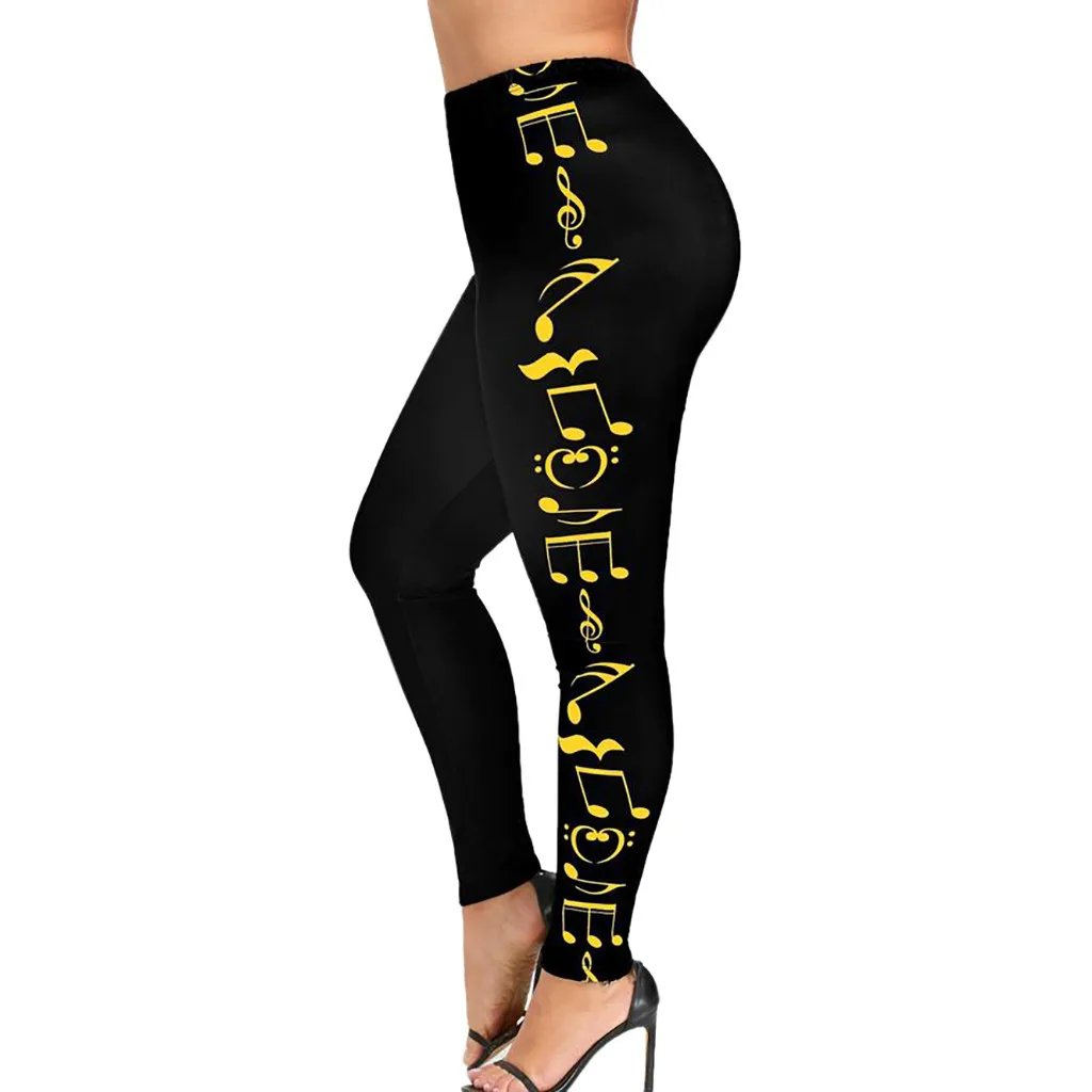 Модные женские черные эластичные леггинсы талия плюс размер XL-5XL спортивные брюки Музыка Примечание печать Леггинсы Брюки повседневные Леггинсы - Цвет: Цвет: желтый