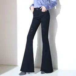 Новинка 2019 г. Модные весенне-летние женские джинсы с высокой талией женские расклешенные джинсовые брюки тонкие Стрейчевые джинсы