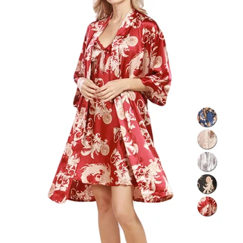 

UNLIMON Womens Noble Robe Sets Faux Silk Imperial Nightgowns Half Sleeve Ladies Stain Pyjama Sets