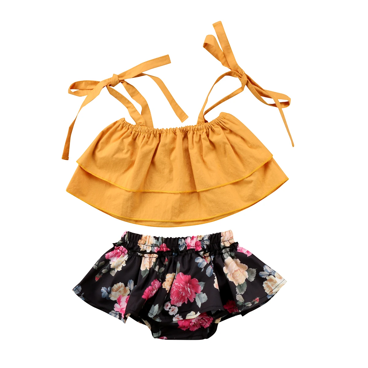 Family Sister Matching Outfits Summer Outfits Off shoulder Strap Crop Tops Floral Tutu Baby Bloomers Shorts Skirt 2PCS Set