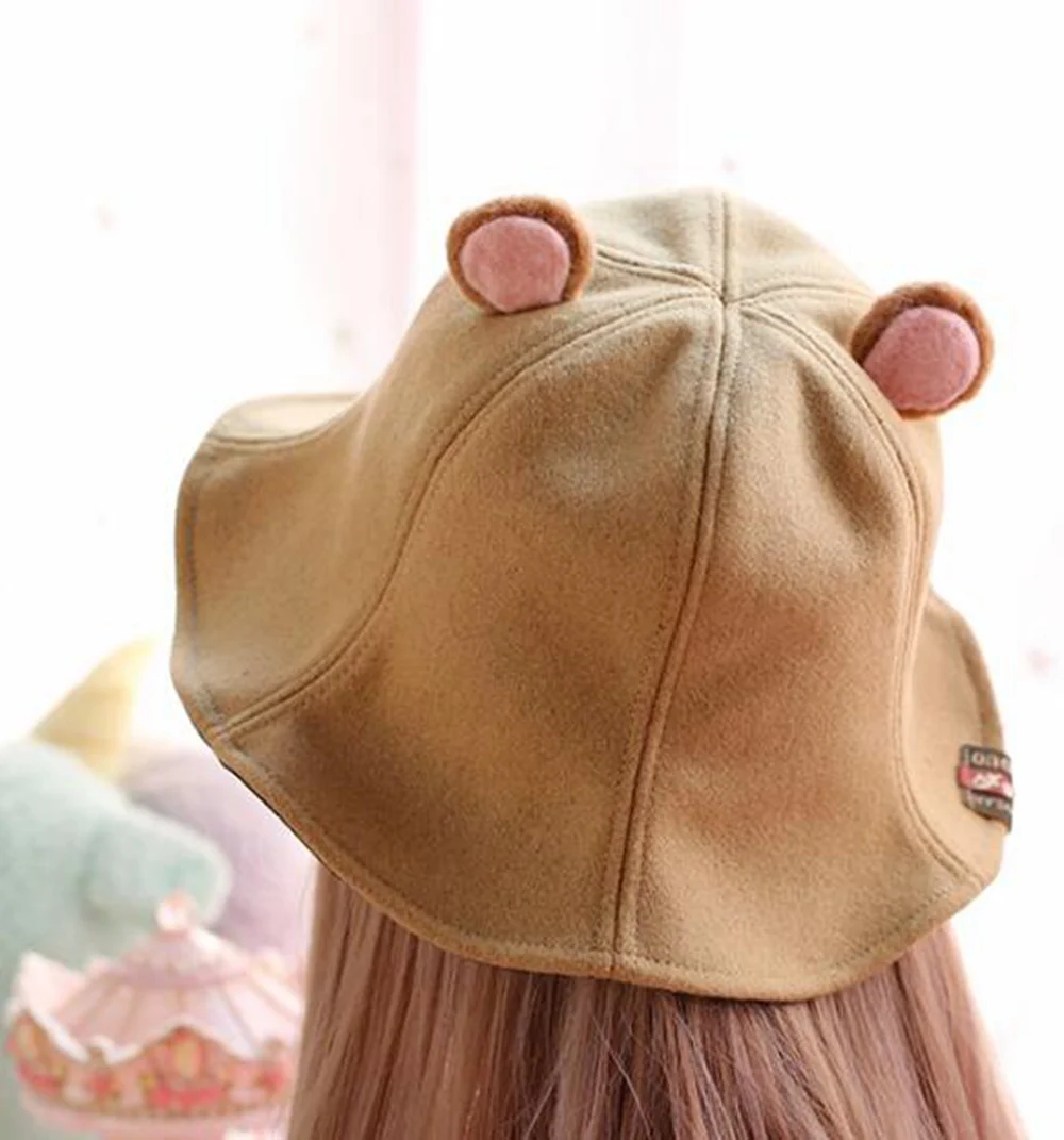 Women Cute Bucket Hat Cartoon Bear Ears Decoration Top Hat