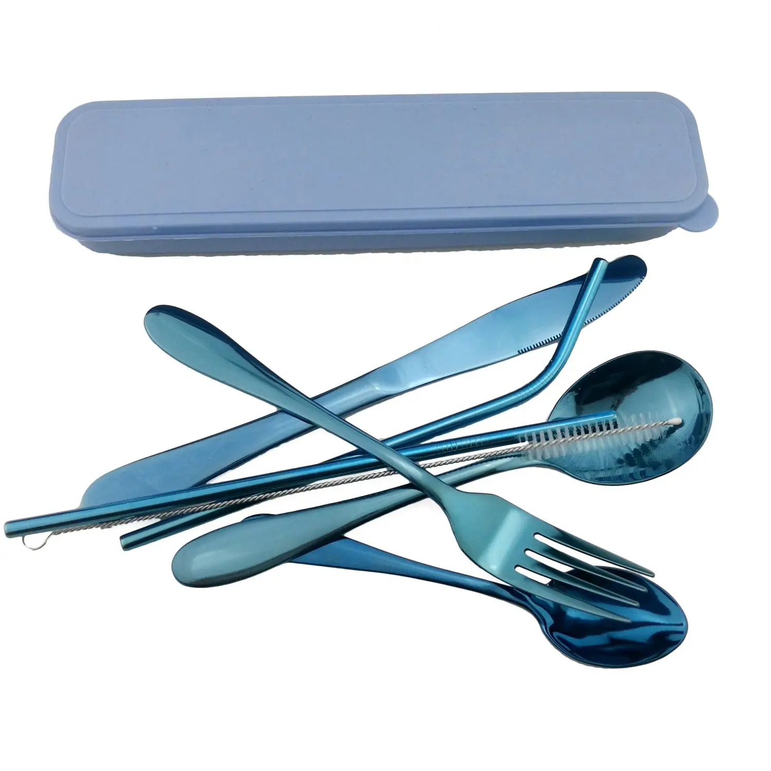 Многоразовая посуда набор с голубой соломы 4 шт. синий набор серебряных изделий Нержавеющая сталь Совок/Ножи/вилка/чайная ложка с 1 щетка 1 коробка