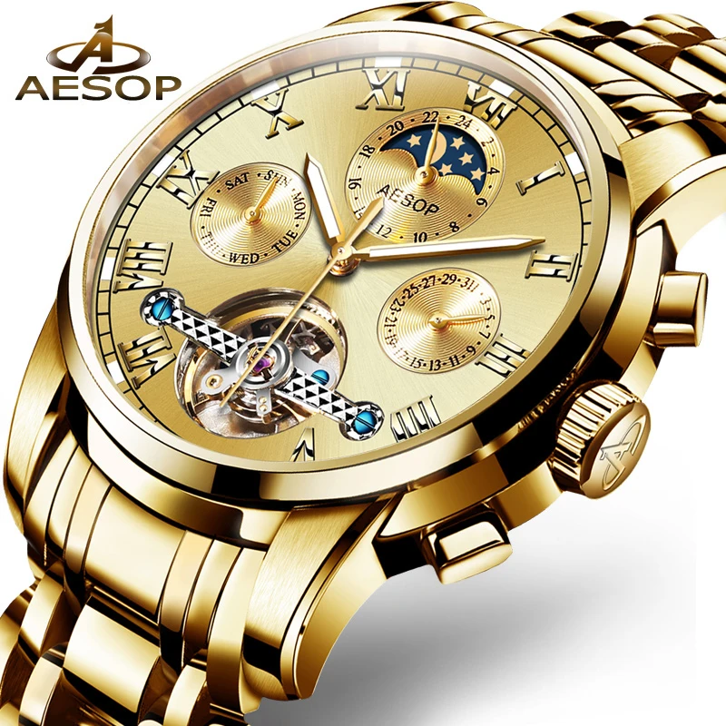 

AESOP Fashion mens wathes gold Automatic Mechanical Wrist watch Sapphire Crystal Waterproof Hollow Male Clock Relogio Masculino
