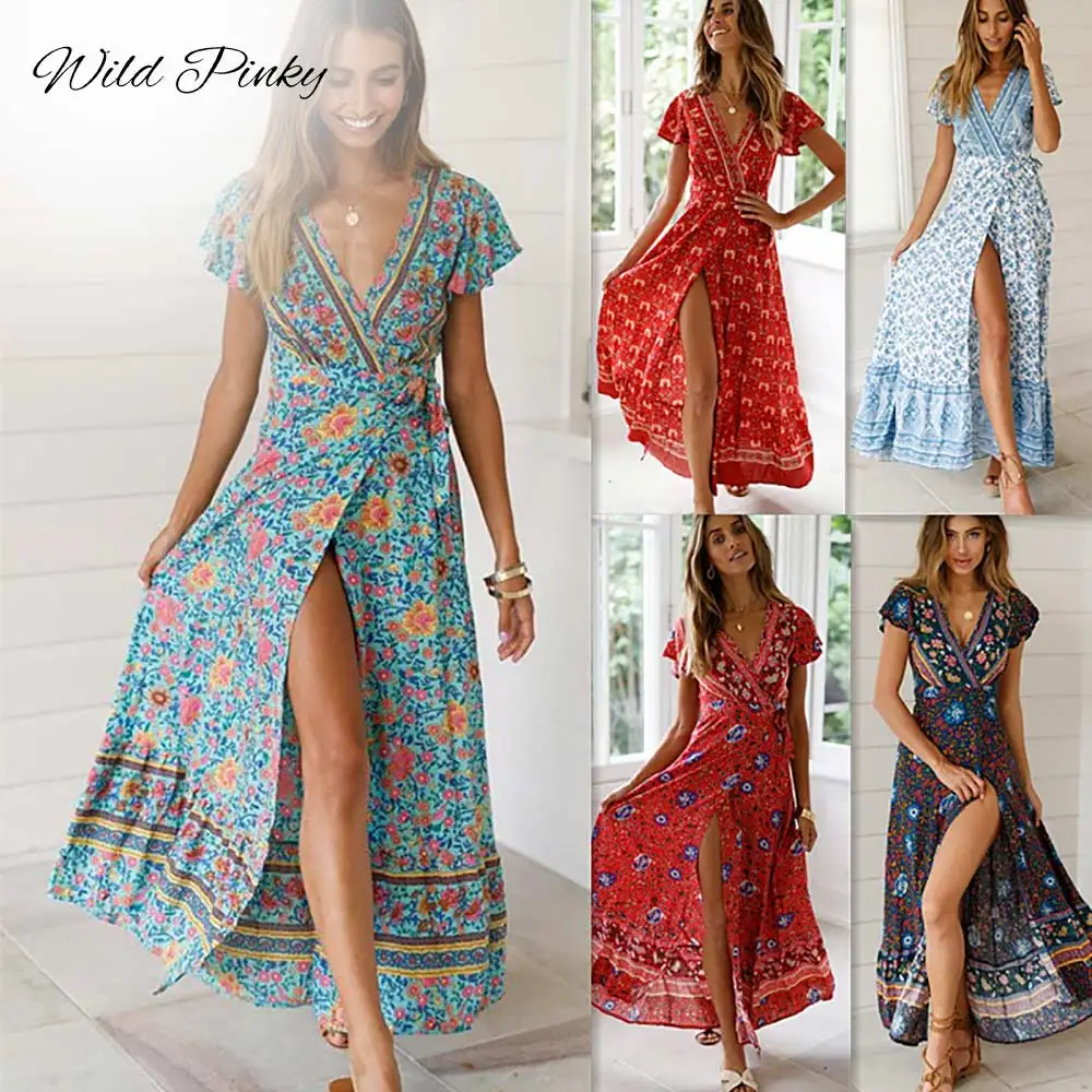 

WildPinky Women Summer Boho Dress Sexy V-Neck Short Sleeve Print Long Dress 2019 Ladies Casual Vacation Beach Dresses Vestidos