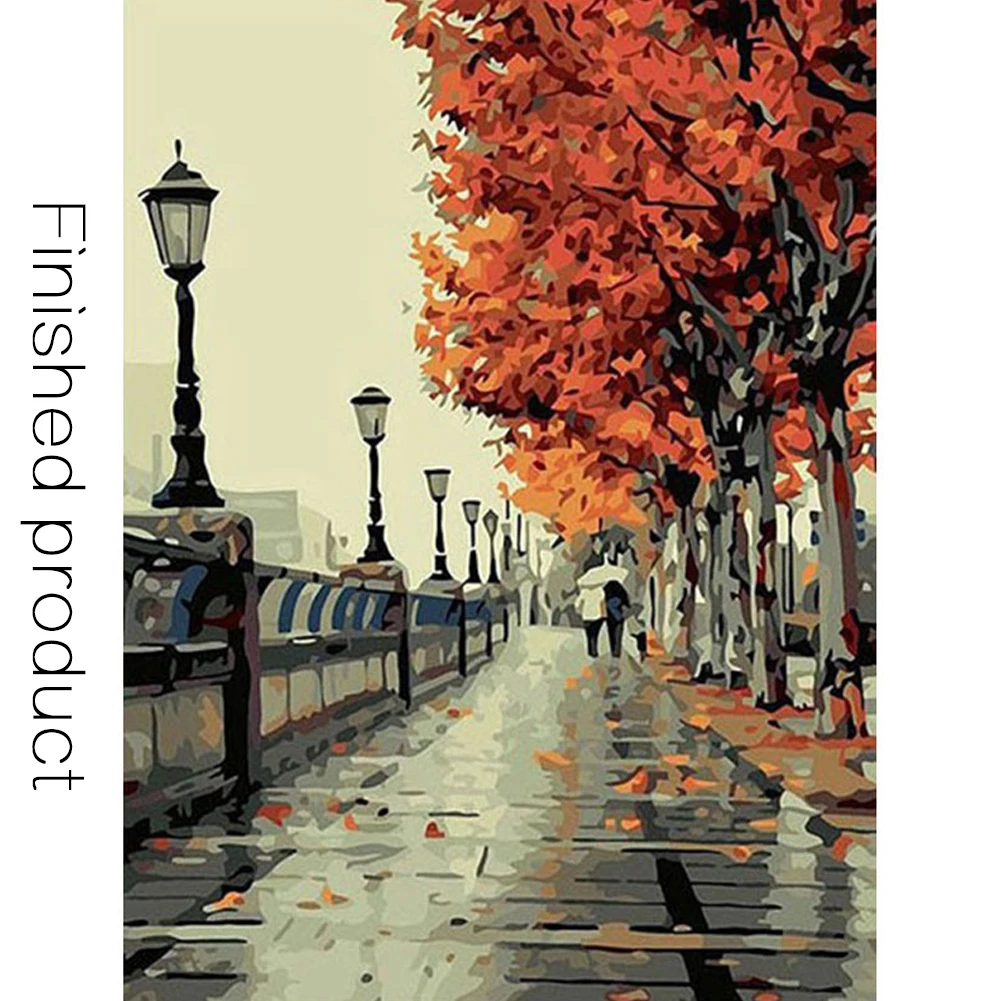 Frameless DIY Artwork Decoration Oil Painting Street Light Linen Kits Landscape By Numbers Romantic Autumn Hand Draw Tree | Дом и сад