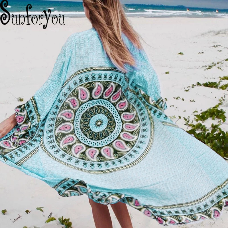 

Saida de Praia 2018 Long Beach Dresses Tunic for Beach Pareos Robe de Plage Print Women dress